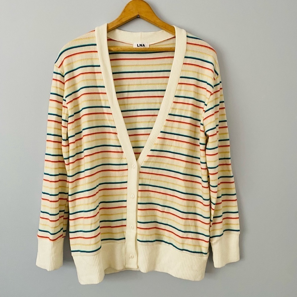 LNA Rainbow Stripe V-Neck Cardigan Sweater, Size Small, Made in USA, Tencel Knit